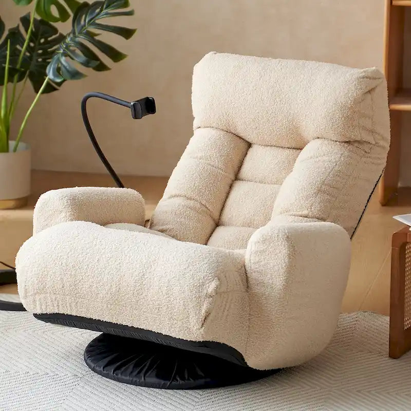 Fauteuil inclinable pivotant en tissu bouclé beige avec support de téléphone, appuie-tête et dossier réglables
