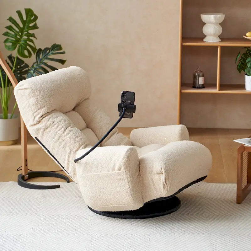 Fauteuil inclinable pivotant en tissu bouclé beige avec support de téléphone, appuie-tête et dossier réglables