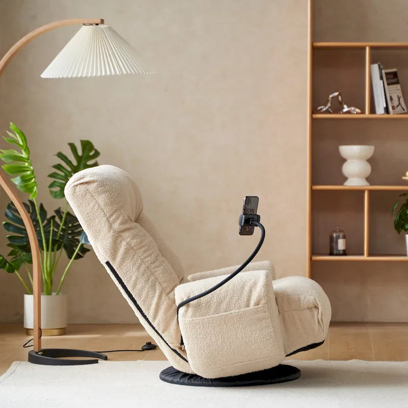 Fauteuil inclinable pivotant en tissu bouclé beige avec support de téléphone, appuie-tête et dossier réglables