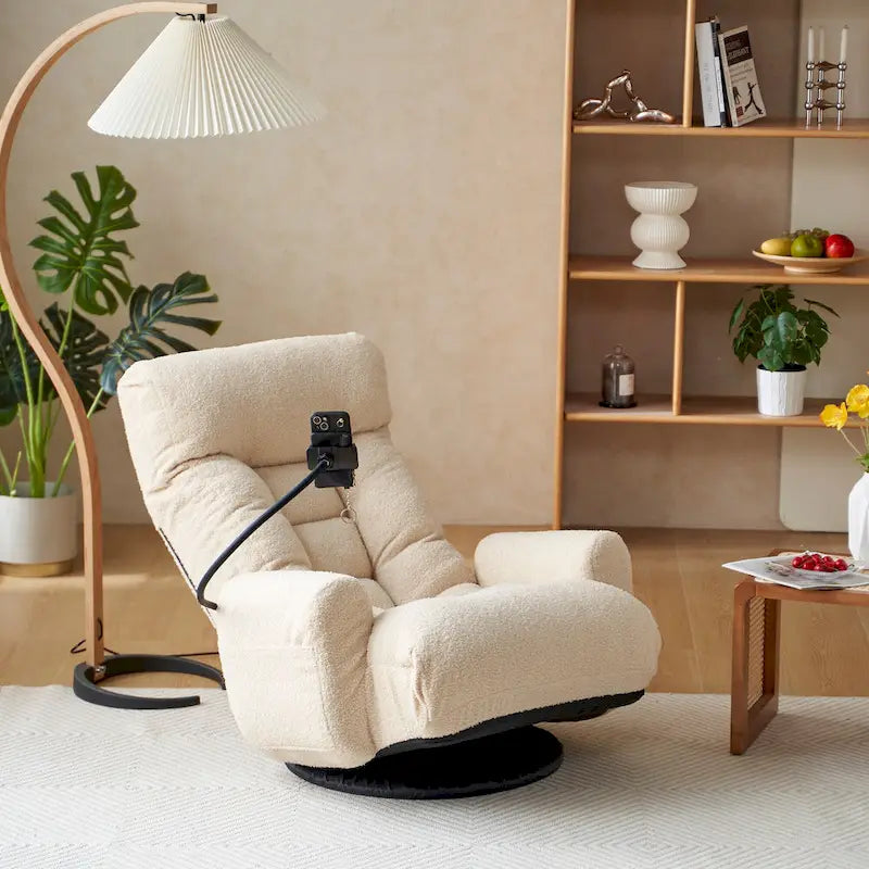 Fauteuil inclinable pivotant en tissu bouclé beige avec support de téléphone, appuie-tête et dossier réglables