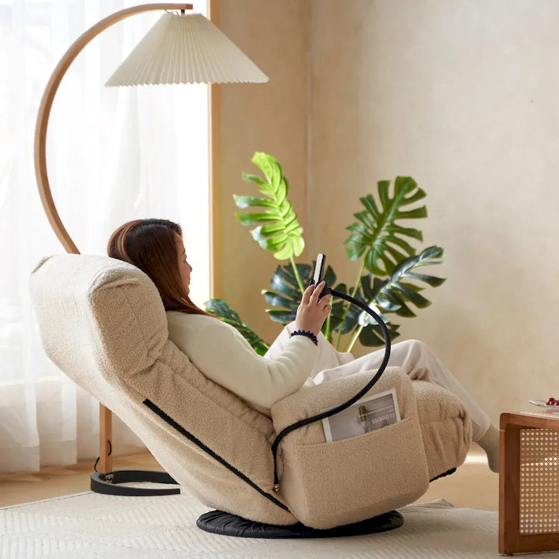 Fauteuil inclinable pivotant en tissu bouclé beige avec support de téléphone, appuie-tête et dossier réglables