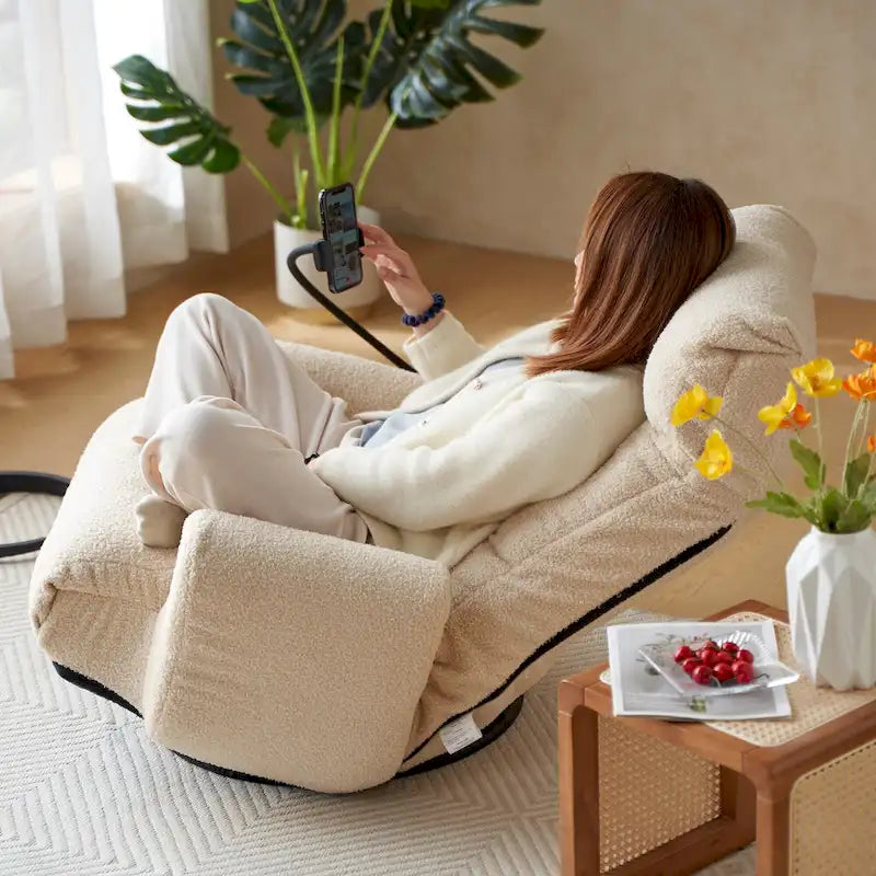 Fauteuil inclinable pivotant en tissu bouclé beige avec support de téléphone, appuie-tête et dossier réglables
