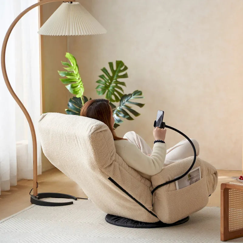 Fauteuil inclinable pivotant en tissu bouclé beige avec support de téléphone, appuie-tête et dossier réglables