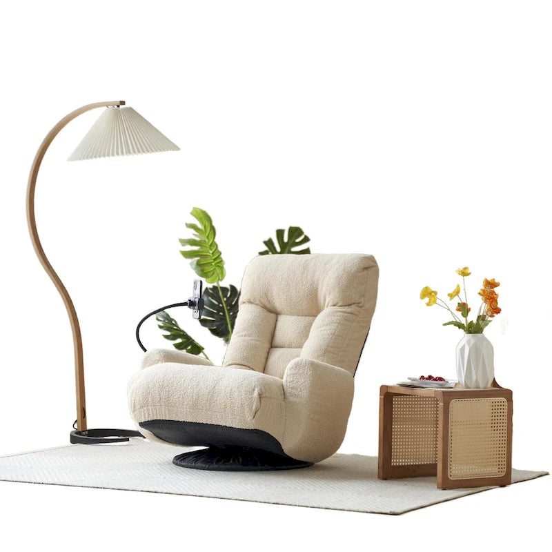 Fauteuil inclinable pivotant en tissu bouclé beige avec support de téléphone, appuie-tête et dossier réglables