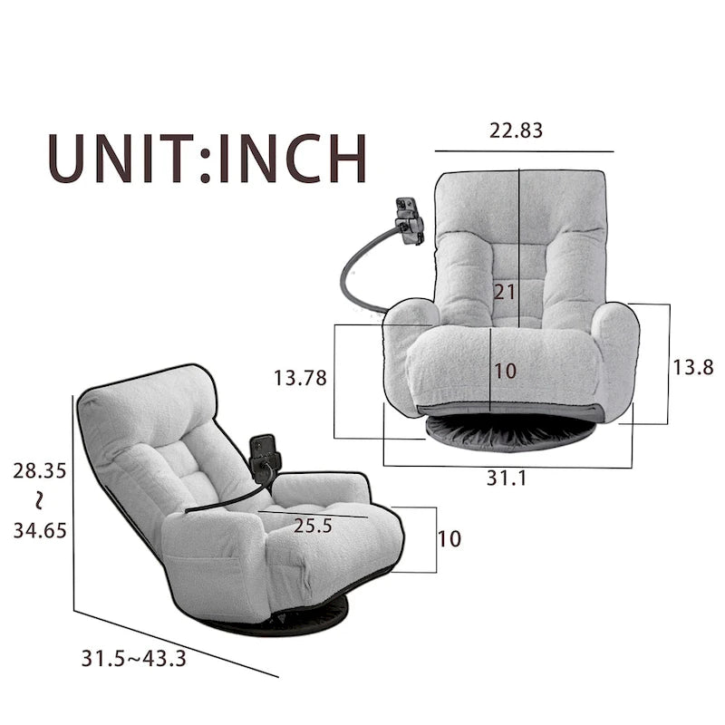 Fauteuil inclinable pivotant en tissu bouclé beige avec support de téléphone, appuie-tête et dossier réglables