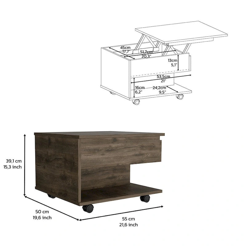 Table basse relevable pour salon, à roulettes, finition brun foncé