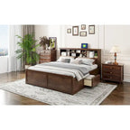 Lit King en bois massif avec tête de lit de rangement, 2 tiroirs et ports USB