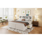 Lit King en bois massif avec tête de lit de rangement, 2 tiroirs et ports USB