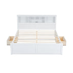 Lit King en bois massif avec tête de lit de rangement, 2 tiroirs et ports USB