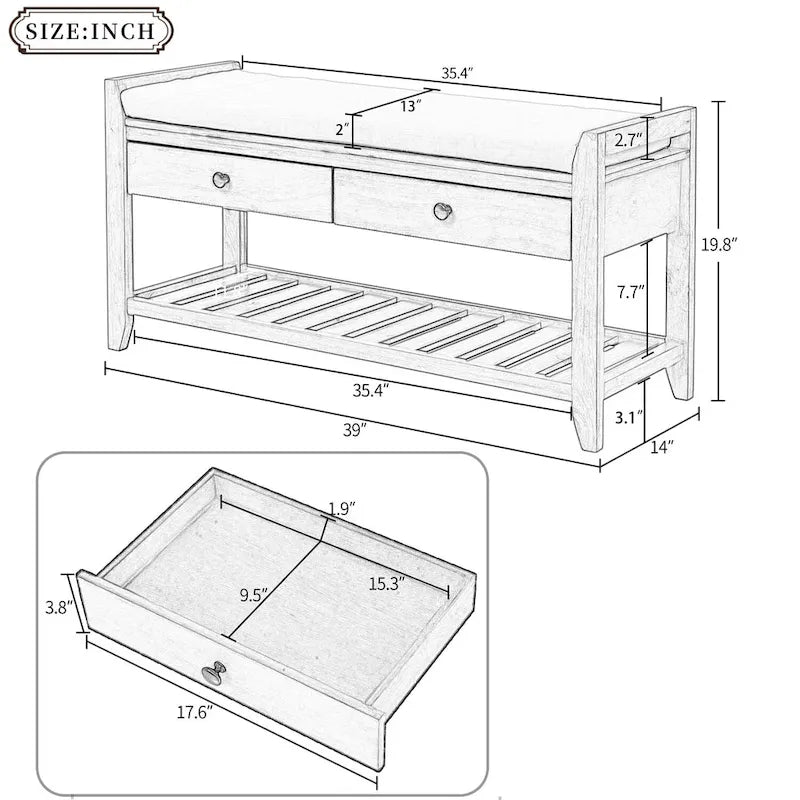 Meuble à chaussures en bois massif 39" avec siège rembourré et tiroirs, banc de rangement multifonctionnel pour entrée, ottoman pour salon et couloir
