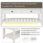 Meuble à chaussures en bois massif 39" avec siège rembourré et tiroirs, banc de rangement multifonctionnel pour entrée, ottoman pour salon et couloir