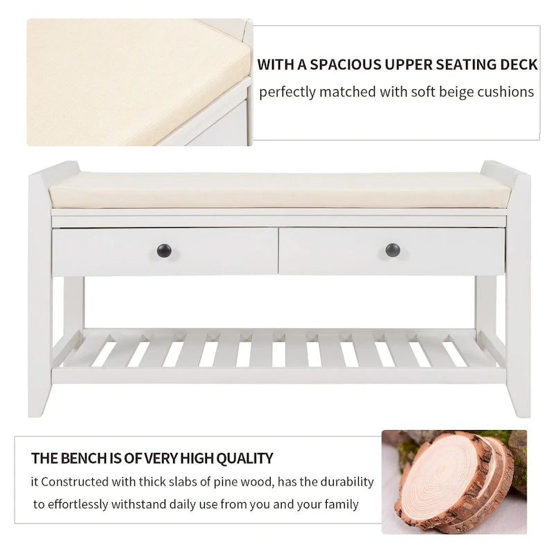 Meuble à chaussures en bois massif 39" avec siège rembourré et tiroirs, banc de rangement multifonctionnel pour entrée, ottoman pour salon et couloir