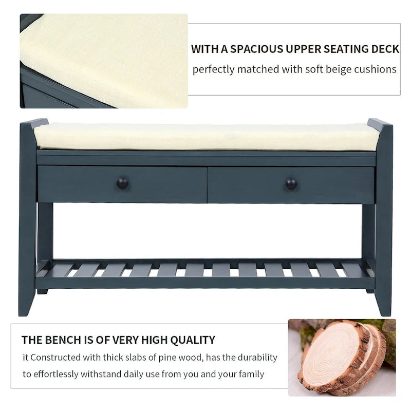 Meuble à chaussures en bois massif 39" avec siège rembourré et tiroirs, banc de rangement multifonctionnel pour entrée, ottoman pour salon et couloir