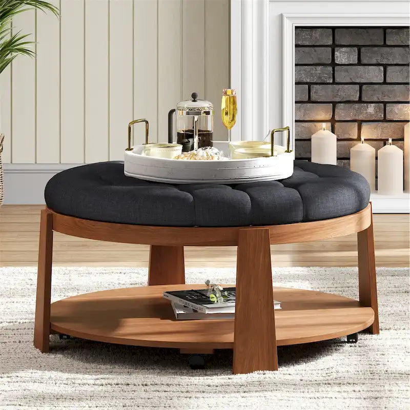 Table basse ronde moderne à 2 niveaux, pouf capitonné avec étagère de rangement en bois, rembourré et à roulettes pour salon