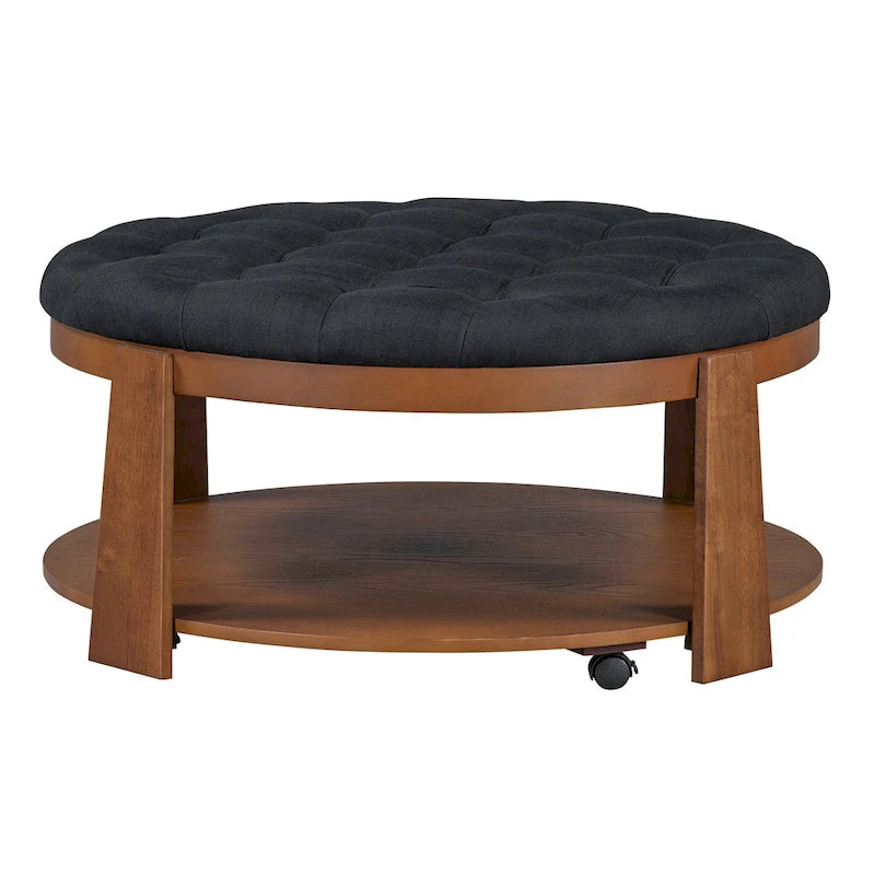 Table basse ronde moderne à 2 niveaux, pouf capitonné avec étagère de rangement en bois, rembourré et à roulettes pour salon