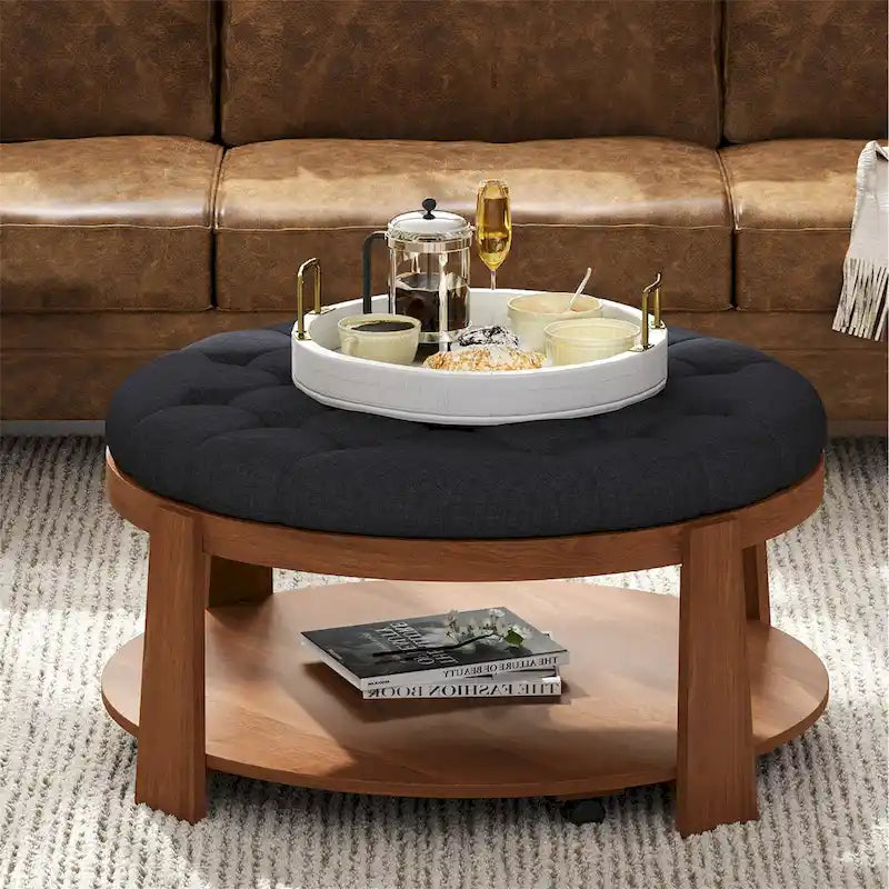 Table basse ronde moderne à 2 niveaux, pouf capitonné avec étagère de rangement en bois, rembourré et à roulettes pour salon