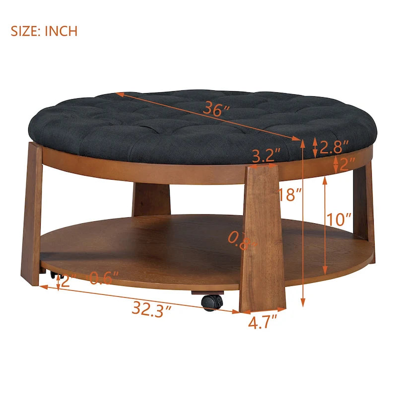 Table basse ronde moderne à 2 niveaux, pouf capitonné avec étagère de rangement en bois, rembourré et à roulettes pour salon