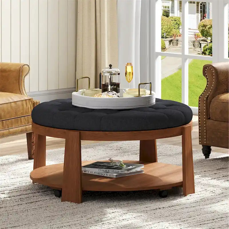 Table basse ronde moderne à 2 niveaux, pouf capitonné avec étagère de rangement en bois, rembourré et à roulettes pour salon