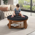 Table basse ronde moderne à 2 niveaux, pouf capitonné avec étagère de rangement en bois, rembourré et à roulettes pour salon