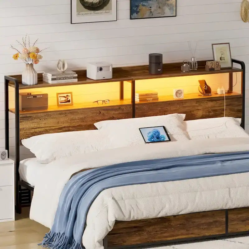 Tête de lit avec tiroirs de rangement et lumière LED, tête de lit avec prises électriques, ports USB