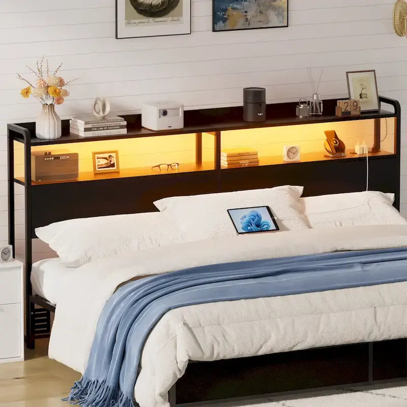 Tête de lit avec tiroirs de rangement et lumière LED, tête de lit avec prises électriques, ports USB