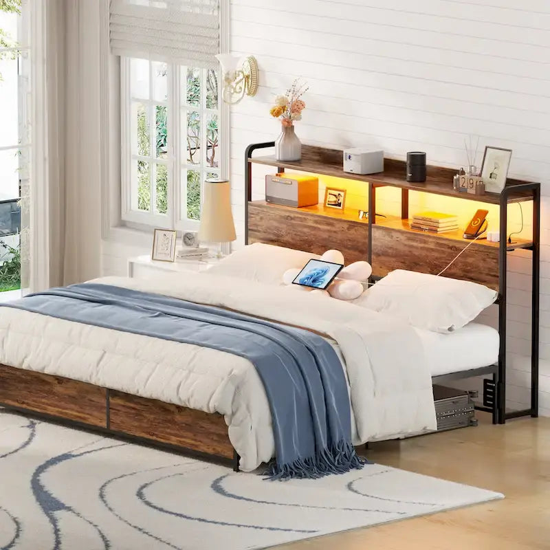 Tête de lit avec tiroirs de rangement et lumière LED, tête de lit avec prises électriques, ports USB