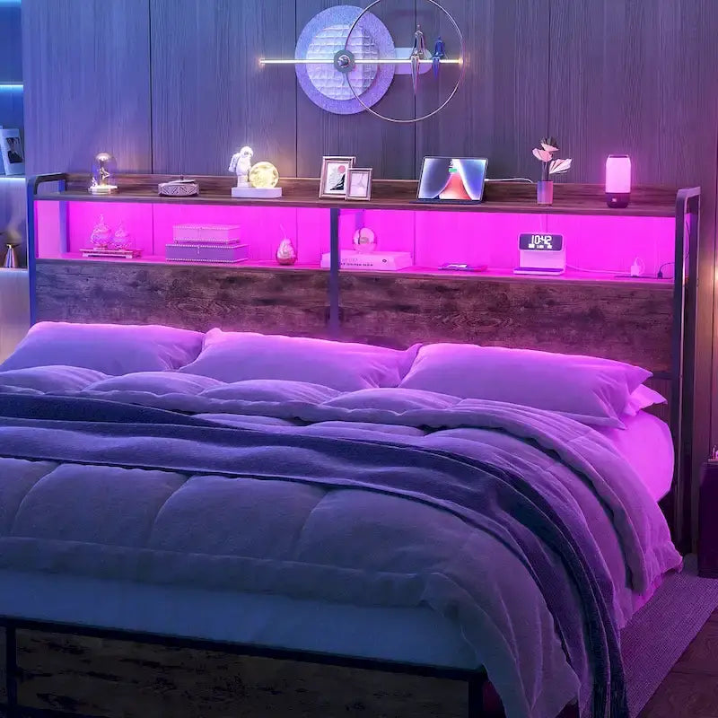 Tête de lit avec tiroirs de rangement et lumière LED, tête de lit avec prises électriques, ports USB