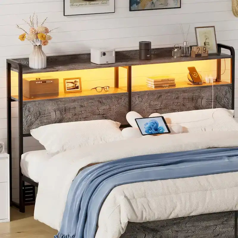 Tête de lit avec tiroirs de rangement et lumière LED, tête de lit avec prises électriques, ports USB