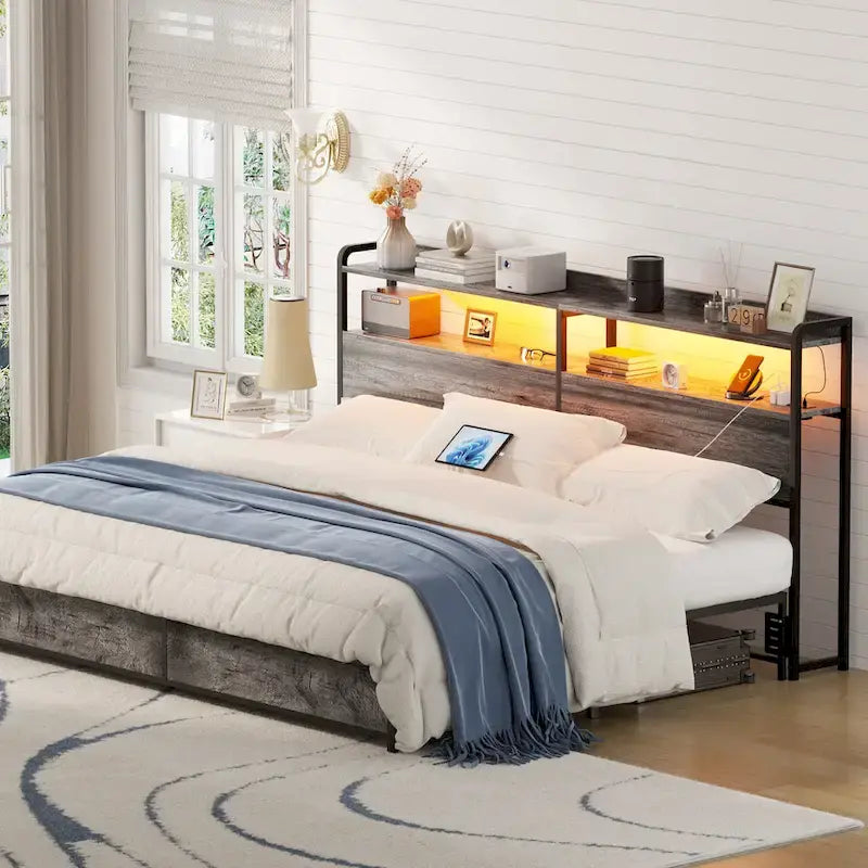 Tête de lit avec tiroirs de rangement et lumière LED, tête de lit avec prises électriques, ports USB