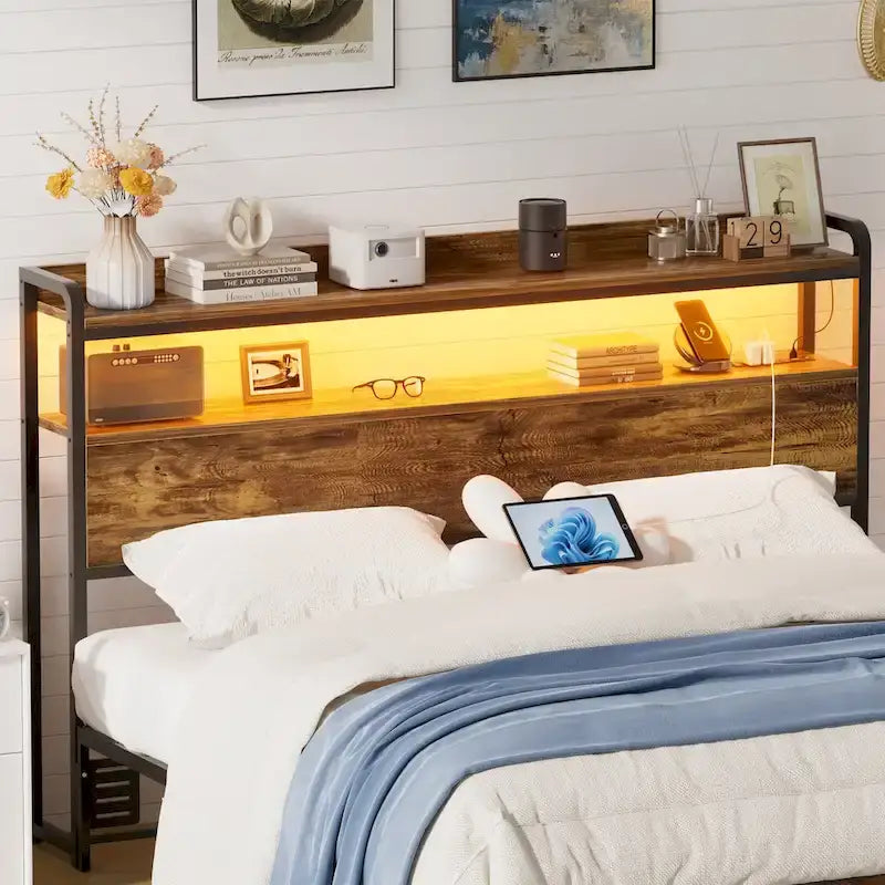 Tête de lit avec tiroirs de rangement et lumière LED, tête de lit avec prises électriques, ports USB