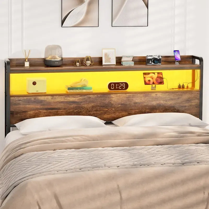 Tête de lit avec tiroirs de rangement et lumière LED, tête de lit avec prises électriques, ports USB