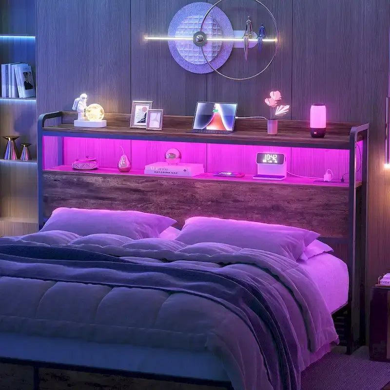 Tête de lit avec tiroirs de rangement et lumière LED, tête de lit avec prises électriques, ports USB