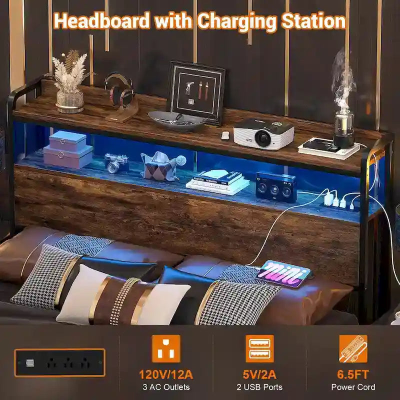 Tête de lit avec tiroirs de rangement et lumière LED, tête de lit avec prises électriques, ports USB