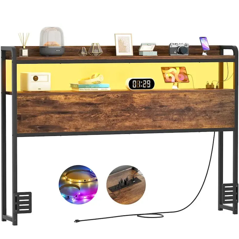 Tête de lit avec tiroirs de rangement et lumière LED, tête de lit avec prises électriques, ports USB