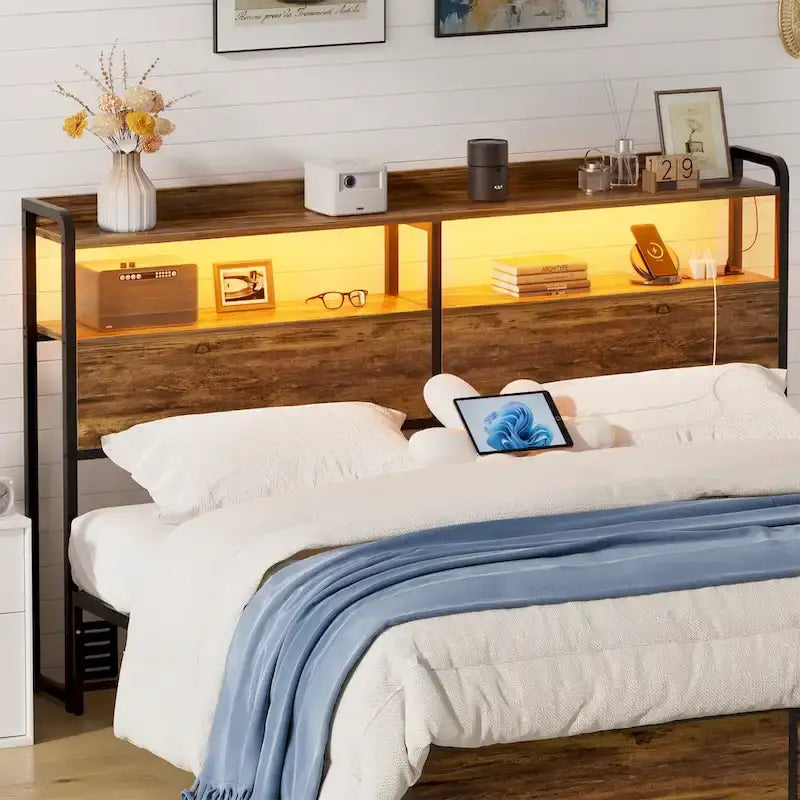Tête de lit avec tiroirs de rangement et lumière LED, tête de lit avec prises électriques, ports USB