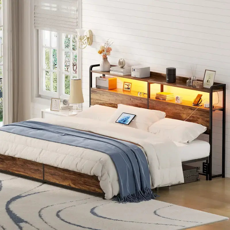 Tête de lit avec tiroirs de rangement et lumière LED, tête de lit avec prises électriques, ports USB