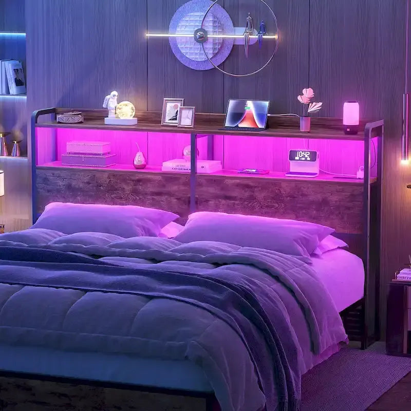 Tête de lit avec tiroirs de rangement et lumière LED, tête de lit avec prises électriques, ports USB