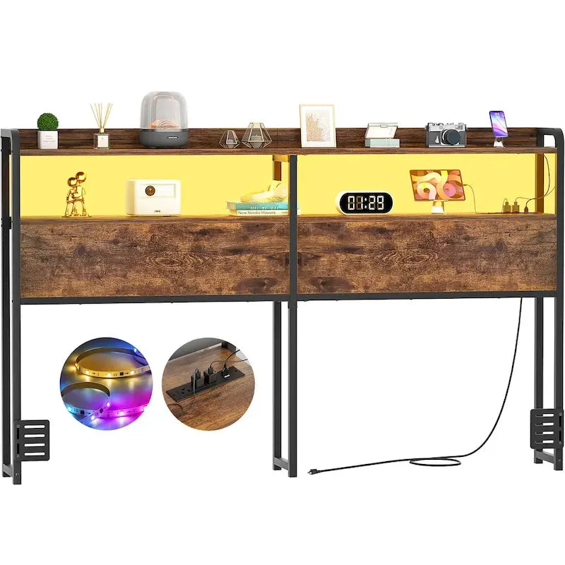 Tête de lit avec tiroirs de rangement et lumière LED, tête de lit avec prises électriques, ports USB