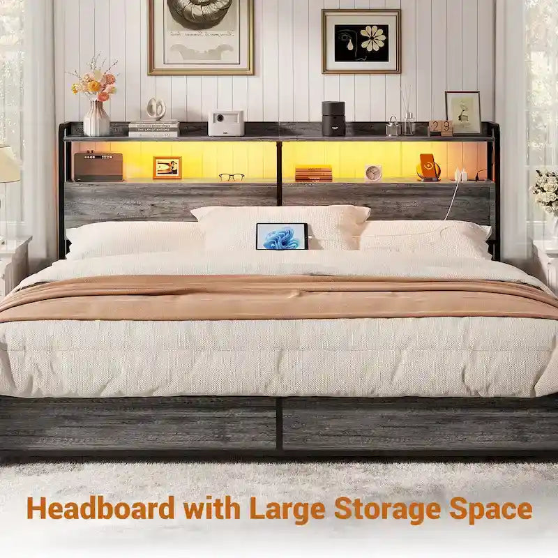 Tête de lit avec tiroirs de rangement et lumière LED, tête de lit avec prises électriques, ports USB