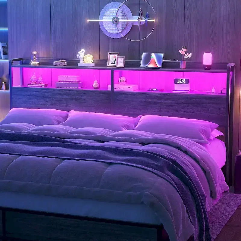 Tête de lit avec tiroirs de rangement et lumière LED, tête de lit avec prises électriques, ports USB