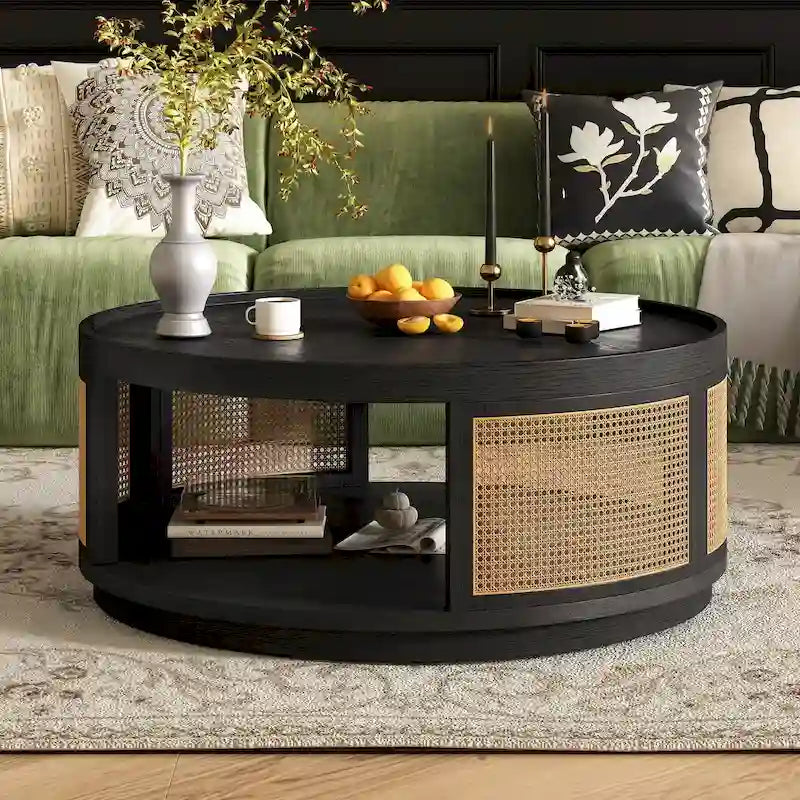 Table Basse Ronde en Bois de Style Mid-Century Moderne de 36,8 po, avec Côtés en Rotin PE