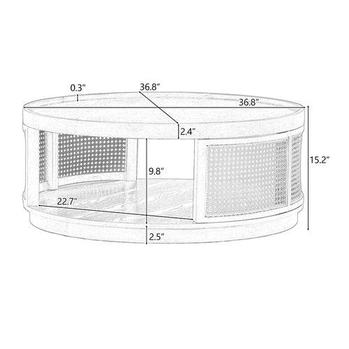 Table Basse Ronde en Bois de Style Mid-Century Moderne de 36,8 po, avec Côtés en Rotin PE