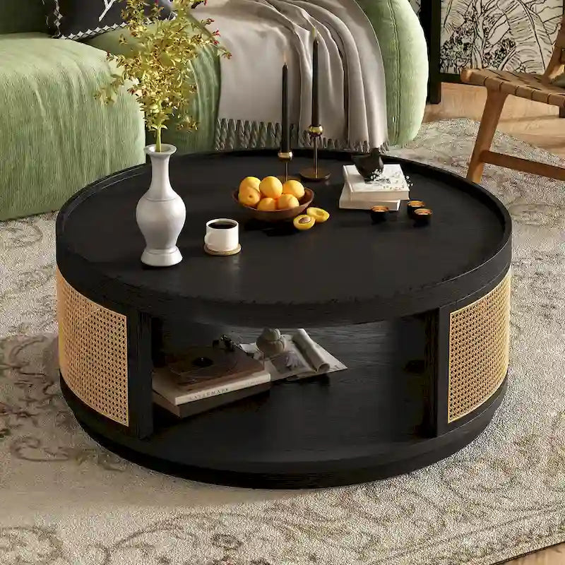 Table Basse Ronde en Bois de Style Mid-Century Moderne de 36,8 po, avec Côtés en Rotin PE