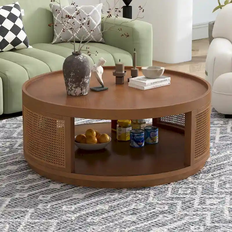Table Basse Ronde en Bois de Style Mid-Century Moderne de 36,8 po, avec Côtés en Rotin PE
