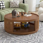 Table Basse Ronde en Bois de Style Mid-Century Moderne de 36,8 po, avec Côtés en Rotin PE