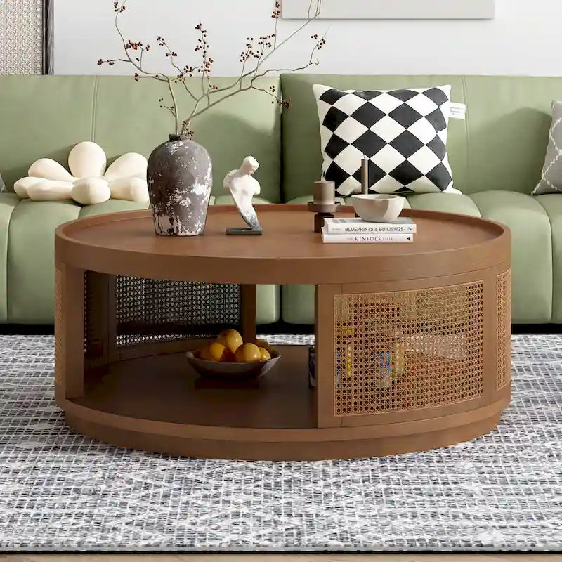Table Basse Ronde en Bois de Style Mid-Century Moderne de 36,8 po, avec Côtés en Rotin PE