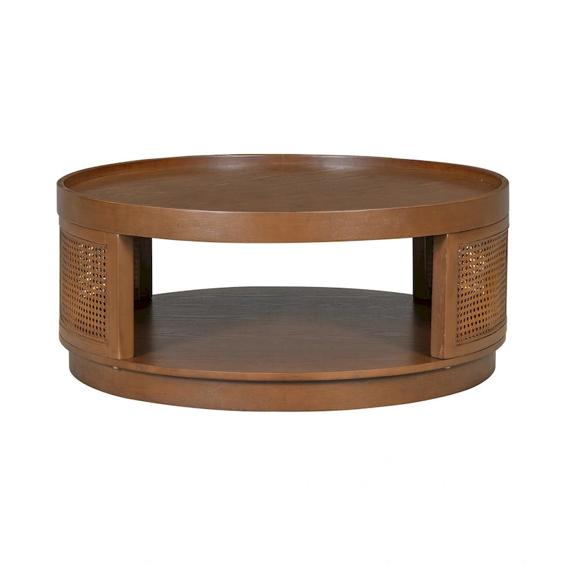 Table Basse Ronde en Bois de Style Mid-Century Moderne de 36,8 po, avec Côtés en Rotin PE