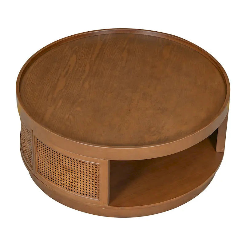 Table Basse Ronde en Bois de Style Mid-Century Moderne de 36,8 po, avec Côtés en Rotin PE
