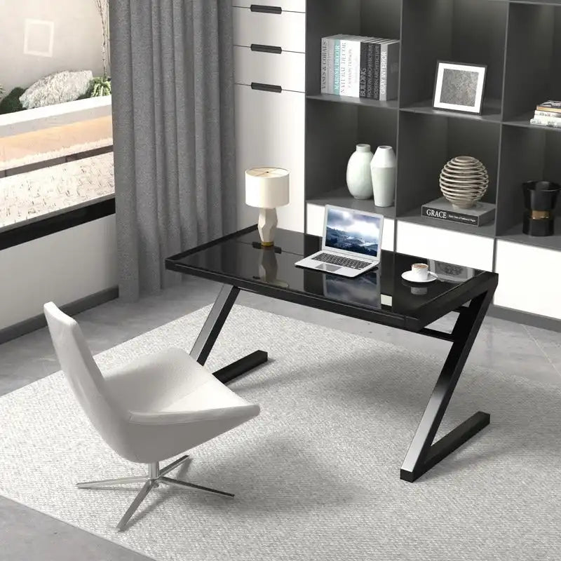 Bureau de jeu et d'étude professionnel en verre trempé avec pieds en Z et câble USB intégré