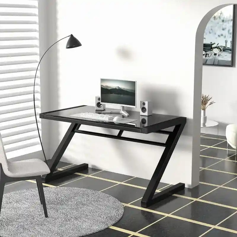 Bureau de jeu et d'étude professionnel en verre trempé avec pieds en Z et câble USB intégré